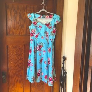 Hearts and Roses blue flowery dress size 10, 40s/50s style